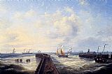 Fishing Boats Off A Jetty At Ostend by Louis Verboeckhoven